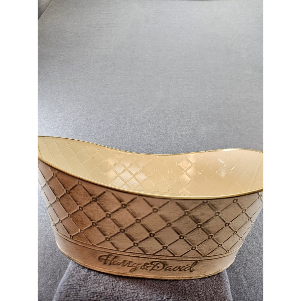Harry & David Metal Gift Basket Oval Embossed Lattice Tin Cream Bronze Handles